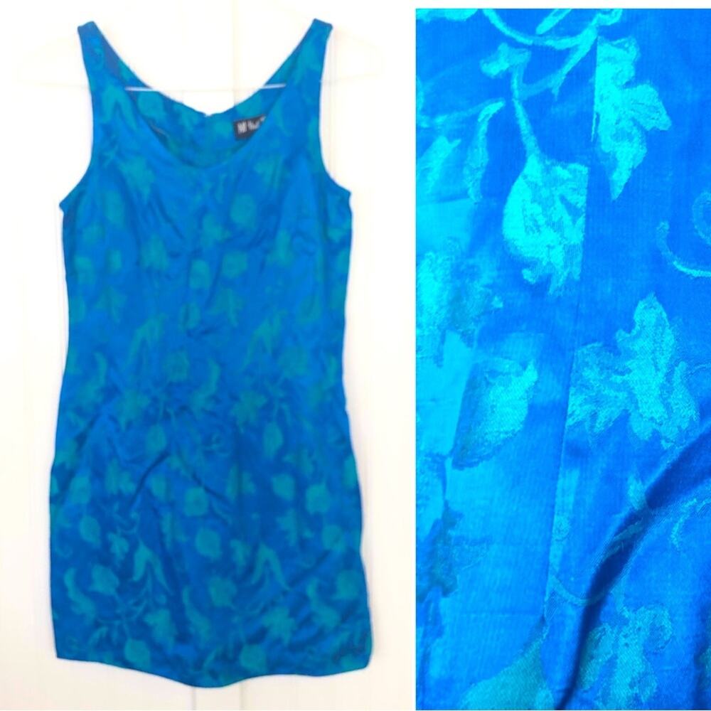Vintage 90s Blue Green Satin Minidress Sleeveless Short Sexy Silky Jacquard